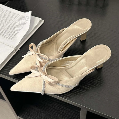 Crystal Butterflyknot Woman Pumps Design Style Low Heels Pointed Toe Shallow Shoes Slides Mules Slippers