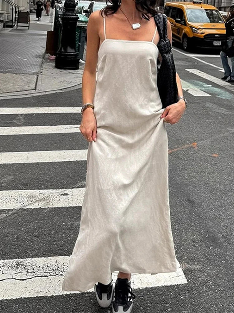 Slip Dress Summer Cotton Lined Loose Dresses Sleeveless Thin Straps White Long Dresses Backless Beach Holiday Dresses