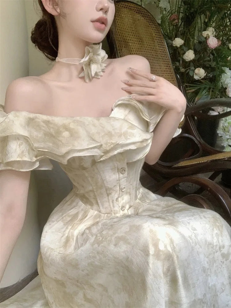 France Slim Ruffles Midi Dresses Summer Princess Evening Party Prom Dress Off Shoulder Aline Vastidos