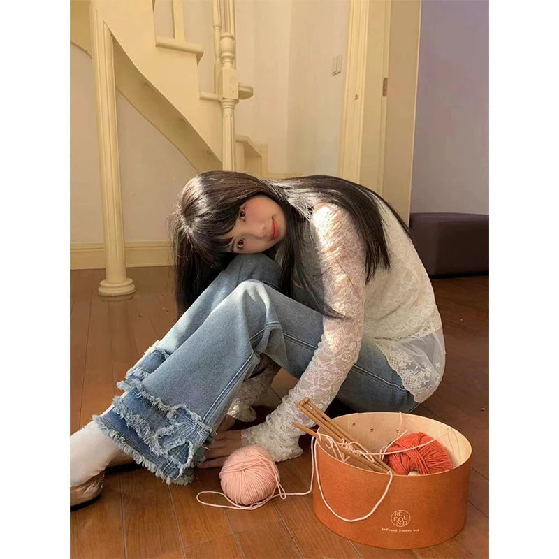 Y2k 2000s Flare Jeans Japanese Bow Patchwork Denim Pants Summer Korean High Waist Slim Straight Trousers New