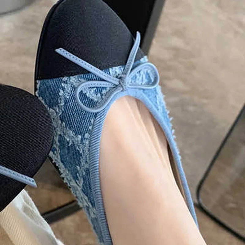 New Designer Blue Jeans Bow Flat Shoes Woman Round Toe Cloth Patchwork Flats Plaid Sewing Moccasins Denim Loafers for
