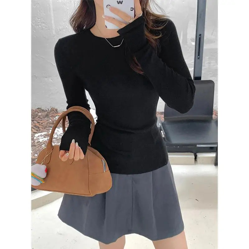 Autumn Winter New Slim Versatile Sweaters Korean Long Sleeve Knitted Round Neck Pullover Tops Clothes