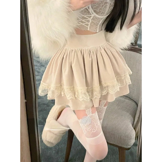 Korean Retro Japanese Style Lace Patchwork Low Waist Cake Mini Skirt Skirt