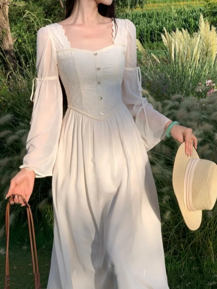 French Flare Sleeve Midi Dresses for Square Collar A-line Autumn New Party Dress Female Clothing