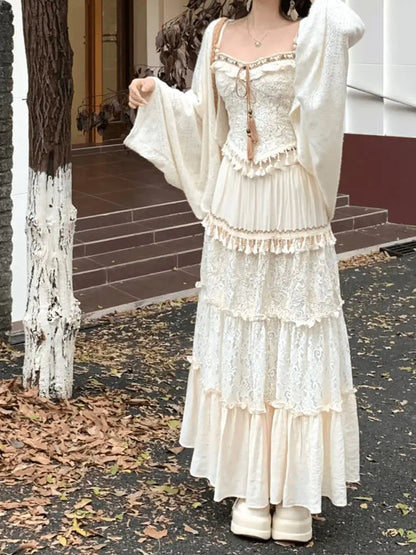 Travel Outfits Vacation Style Three Piece Set for Autumn New Gentle Tank Top+long Skirt+cardigan