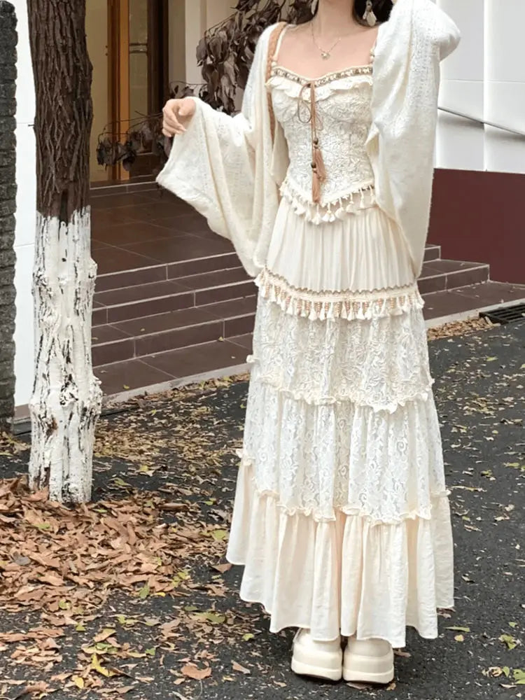 Travel Outfits Vacation Style Three Piece Set for Autumn New Gentle Tank Top+long Skirt+cardigan