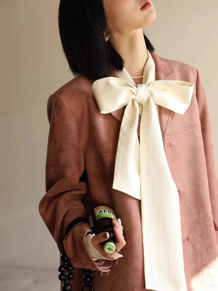 Beige Blouse Bow Tie Long Sleeve Shirt Female Oversized Office Spring Clothes