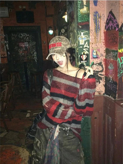 Grunge Y2k Striped Sweaters Hollow Out Ripped Long Sleeve Knitted Pullovers Off Shoulder