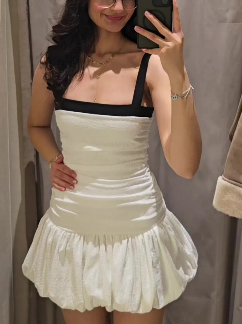 Female Summer Slim Mini Dresses White Square Collar Sleeveless Backless Plaeted Zipper New Dress