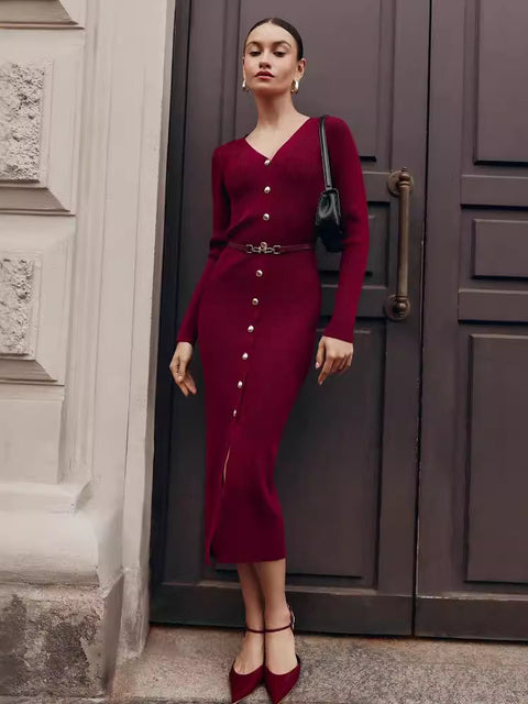 Autumn V-neck Knit Long Dress for Ribbed Patchwork Cardigan Slim Party Dress Female Knitwear Maxi Dress