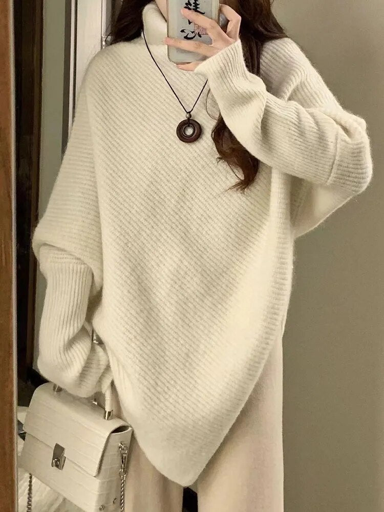 Winter Turtlenecks Korean Irregular Knitted Sweater Female Warm Color Pullovers Lady Loose Long Sleeve Jumper Fc8510