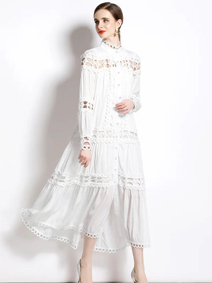 Dresses Skeleton Lace Splicing Stand Collar Single Breasted Dresses Aline Midi Dresses With Belt Party Clubwear
