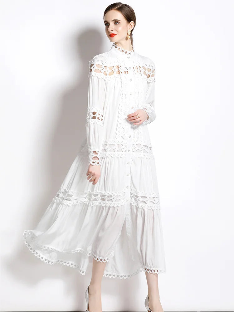 Dresses Skeleton Lace Splicing Stand Collar Single Breasted Dresses Aline Midi Dresses With Belt Party Clubwear