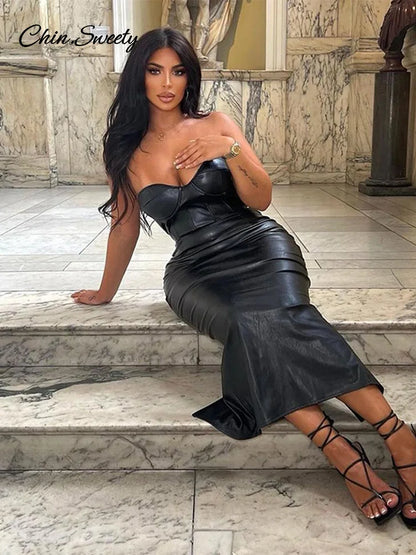 Burgundy Pu Leather Maxi Dresses Strapless Backless Bandage Sleeveless Pleated Hip Package Party Dress New Split Robe