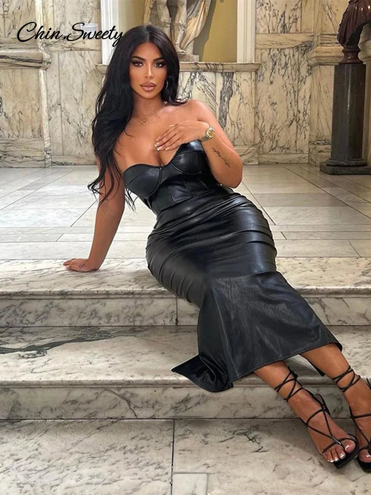 Burgundy Pu Leather Maxi Dresses Strapless Backless Bandage Sleeveless Pleated Hip Package Party Dress New Split Robe