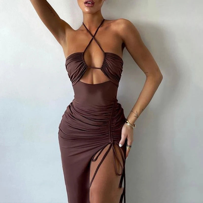 Black Hollow Lace-up Halter Maxi Dress
