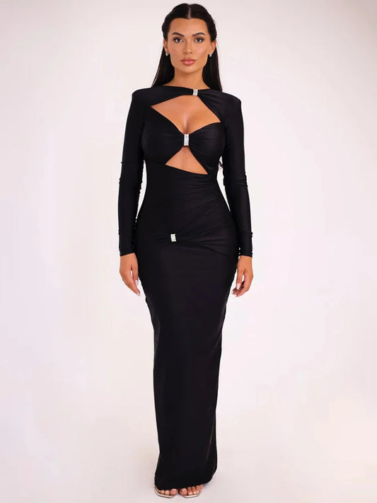 Hollow Out Long Sleeve Maxi Dress for Color Slim Fit Cut Out Club Party Long Dress New