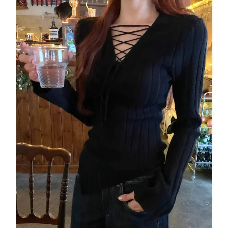 High Street Color Irregular Long Sleeve Sweater Spring New Vneck Laceup Slim Thread Knitted Tops
