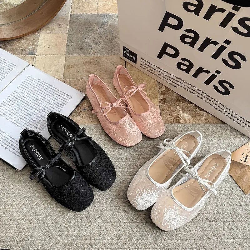 New Spring New Flat Shoes for Square Head Shallow Mouth Mesh Fabric Embroidery Butterfly Knot Soft Sole Single Shoe