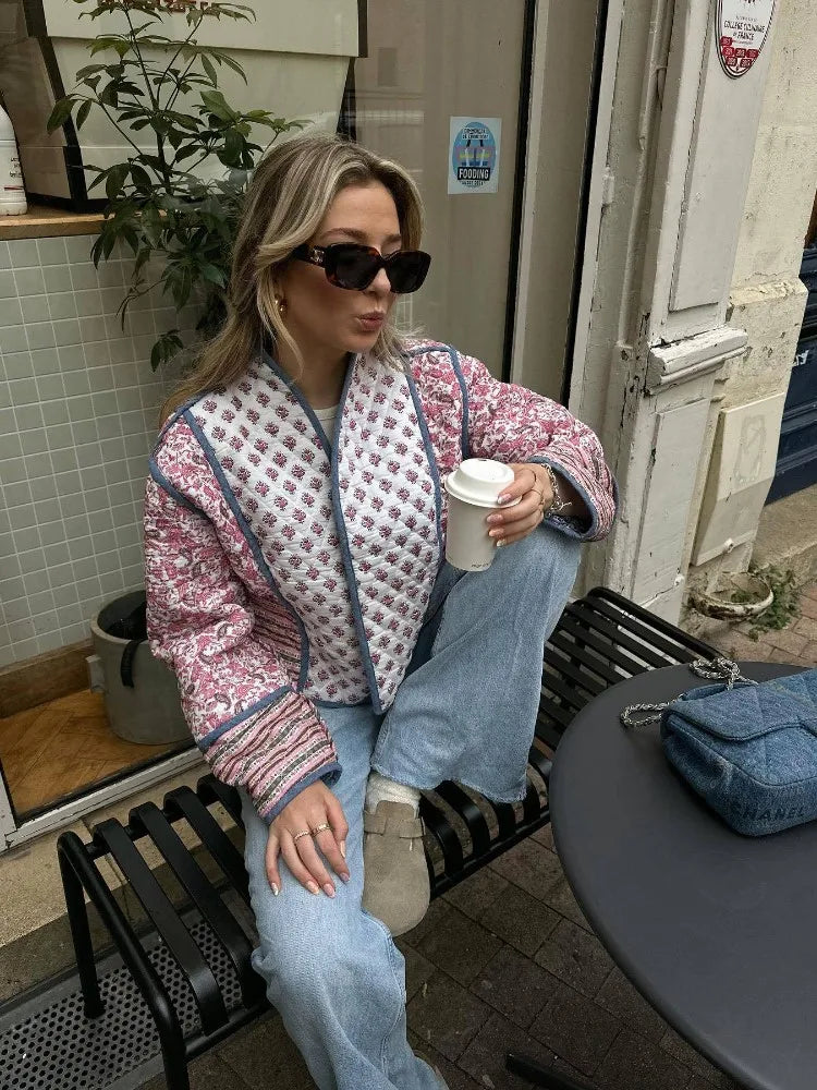 Printed Flower Quilted Reversible Cotton Coat Long Sleeve Open Front Two in One Jackets Autumn Street Outerwear