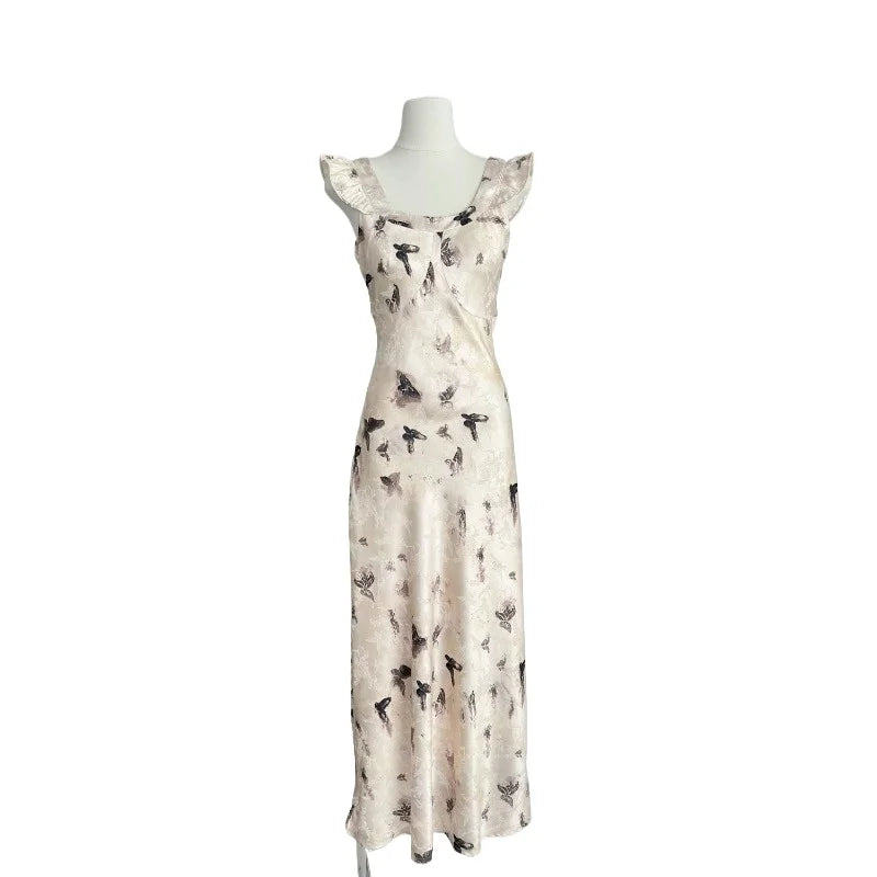 Summer French Midi Dress Office Lady Y2k Causal Retro Party Dress Korean Print Slim Dress New