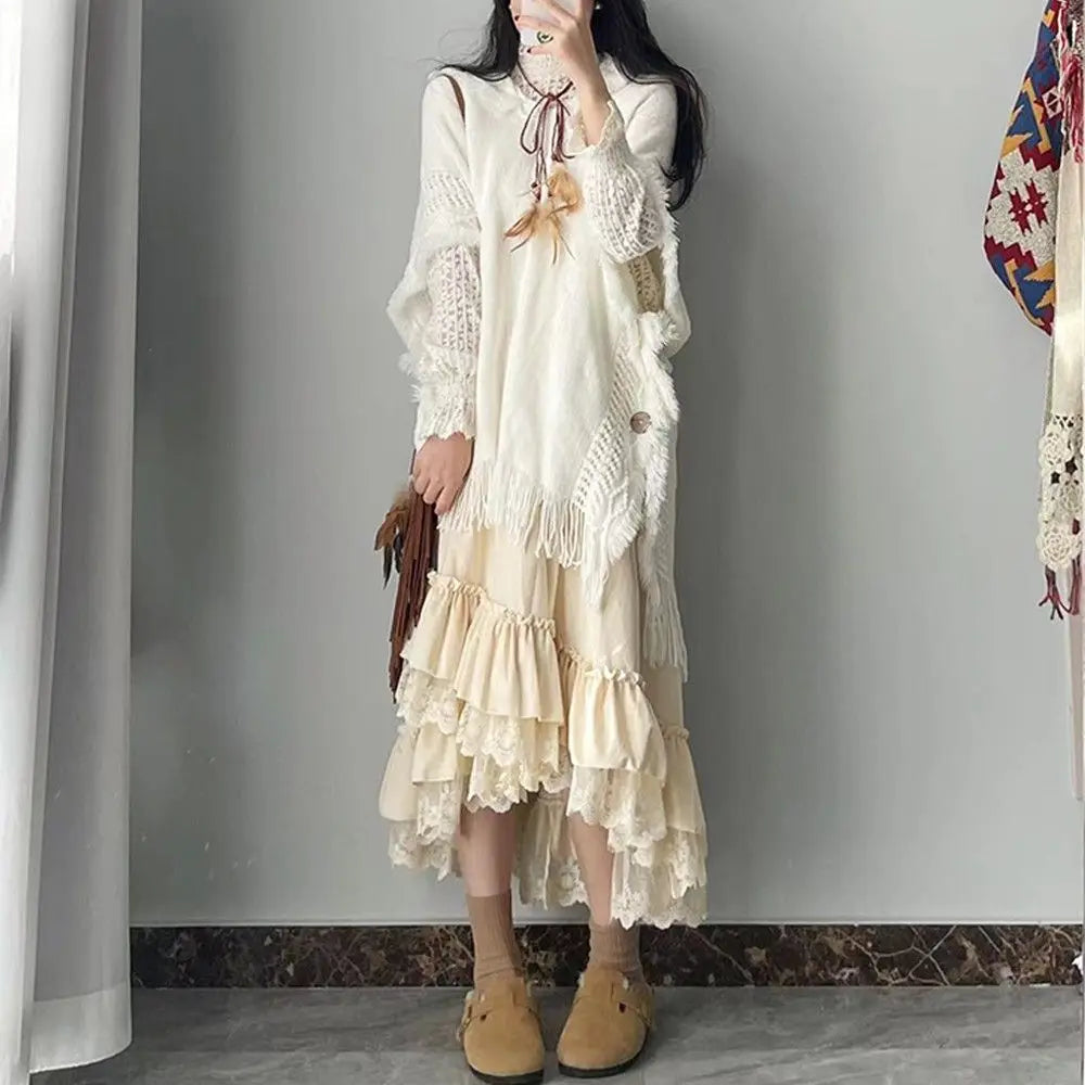 Autumn and Winter Forest Style Lace Splicing Thick Velvet Long Skirts for High Waist Aline Cake Skirt