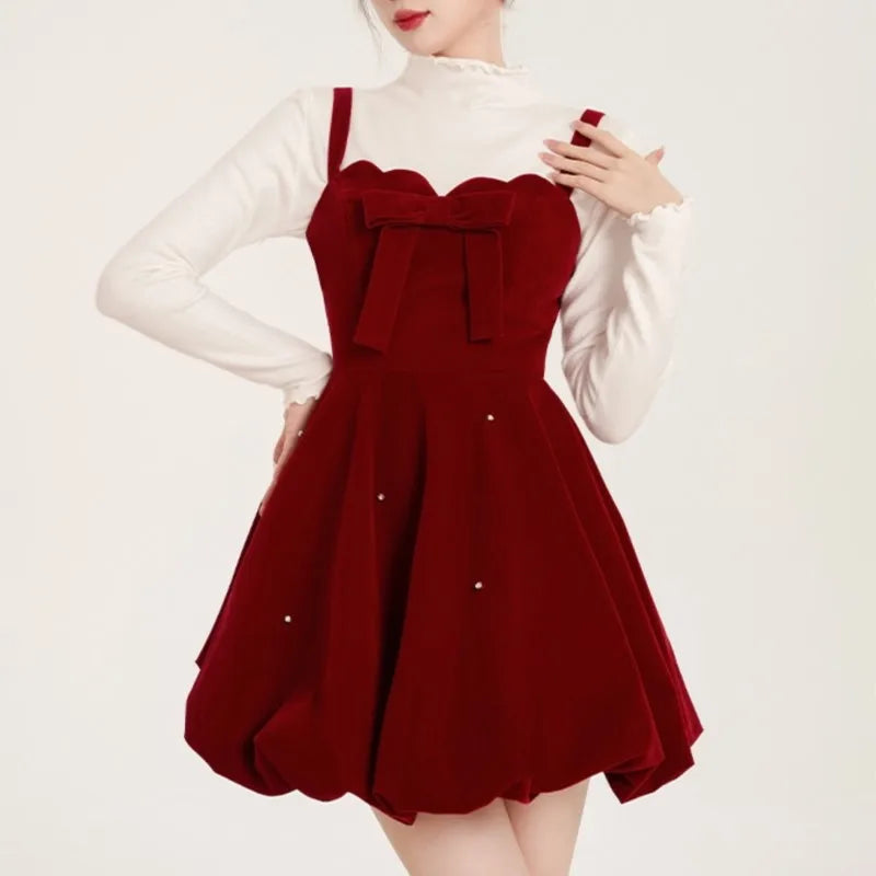 Christmas Two-piece Dress Set Sweater A-line Velvet Sleeveless Short Dress Korean Female Autumn New Outfits