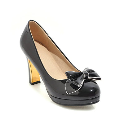 Pumps Round Toe Platform Thick High Heels Bow Shallow Wedding Shoes Spring Autumn Black Beige 43