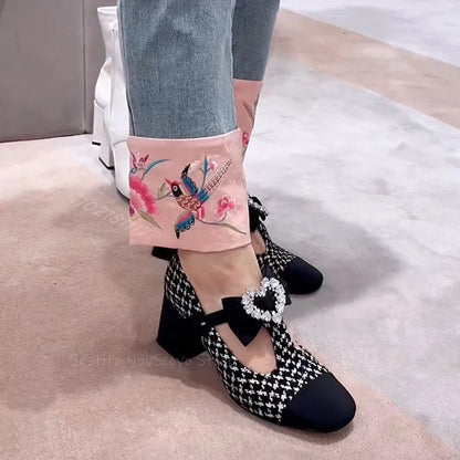 T Straps Mary Janes Shoes Bow With Heart Shape Rhinestone Decor Sweet Girl Summer Pumps Block High Heels Dress Sandals