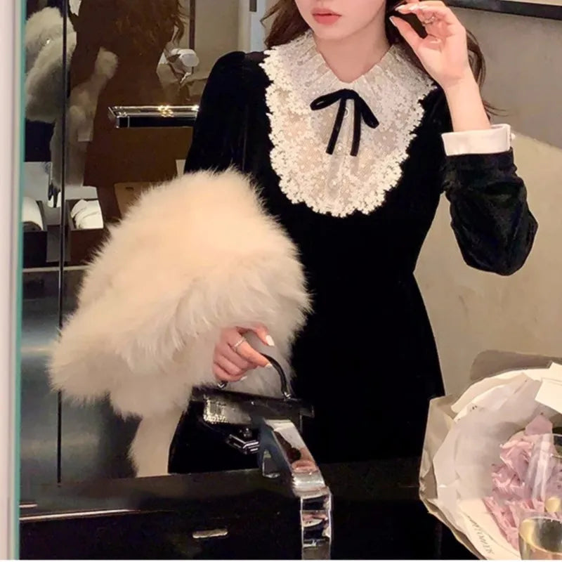 French Princess Evening Party Dresses Lace Patchwork Velvet Mini Dress A-line Korean Autumn Vestidos Mujer
