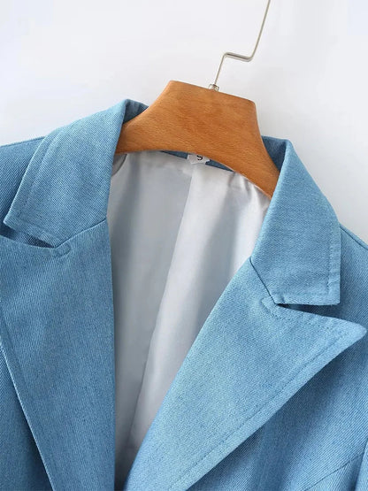 Spring Denim Blazer for Long Sleeves Pockets Lapel Single Button Jacket Female Loose Causal Coat