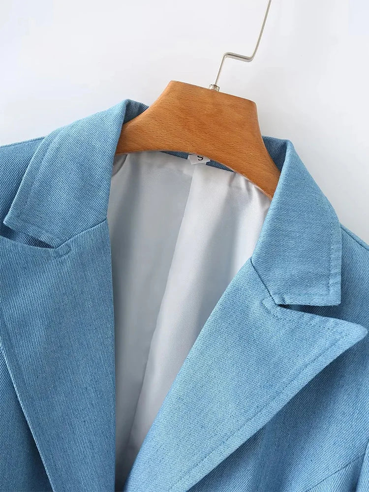 Spring Denim Blazer for Long Sleeves Pockets Lapel Single Button Jacket Female Loose Causal Coat