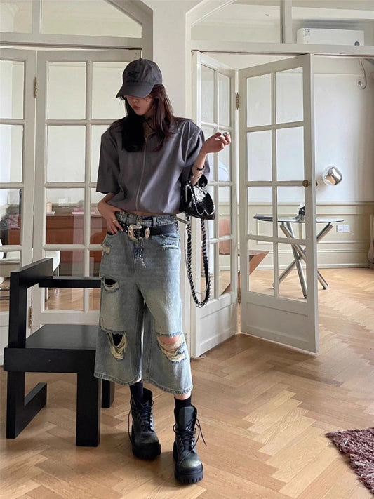 Ripped Oversize Denim Shorts Jeans Hollow Out Calflength Pants Hip Hop Summer Bottoms