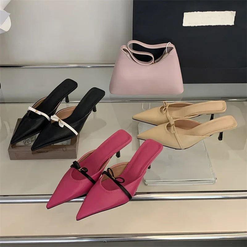 Spring Design Style Butterflyknot Woman Slippers Low Thin Heels Pointed Toe Shallow Mules Shoes