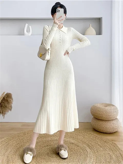 Ribbed Autumn Knit Long Dress for High Waist Long Sleeve Dress Lapel Loose Knitwear Maxi Dress