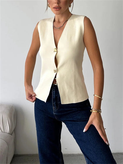 Knit V-neck Sweater Tank Top High Waist Patchwork Autumn Knitwear Y2k Cardigan Top Vest