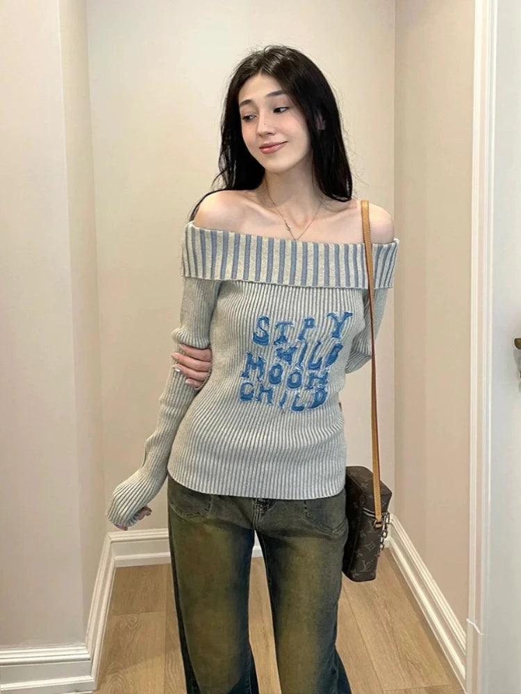 Y2k Off Shoulder Sweater Letter Graphic Korean Tops Gothic Grunge Long Sleeve Slim Knitwear Winter Clothes