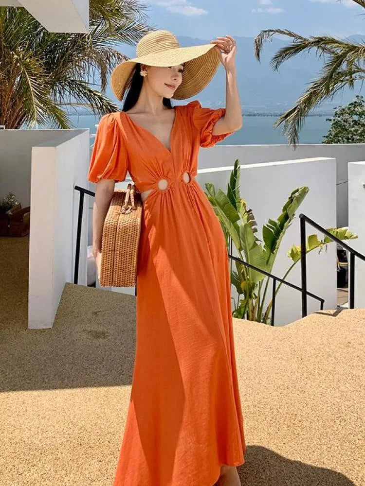Orange V Neck Waist High Hollow Out Pleated Dress Summer Short Sleeves Long Dresses