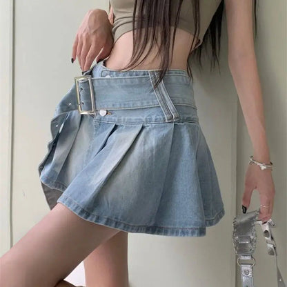 Denim Skirt Summer Korean High Waist Slim Fit Skirt Y2k Belt Split Pleated Short Skirt