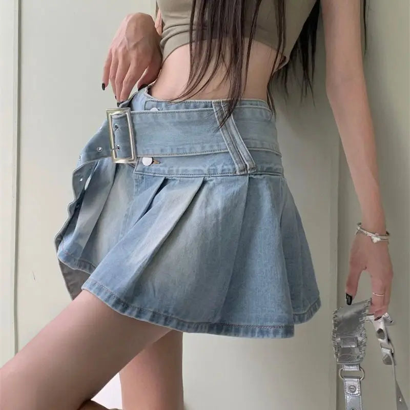 Denim Skirt Summer Korean High Waist Slim Fit Skirt Y2k Belt Split Pleated Short Skirt