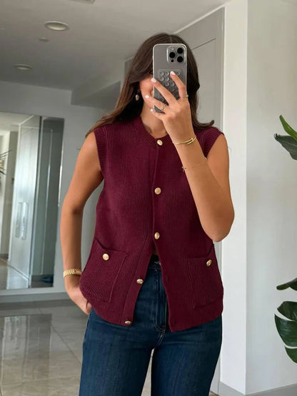 Pocket Cardigan Vest O Neck Single Breasted Sleeveless Knit Waistcoat New Simple Sweater Jacket