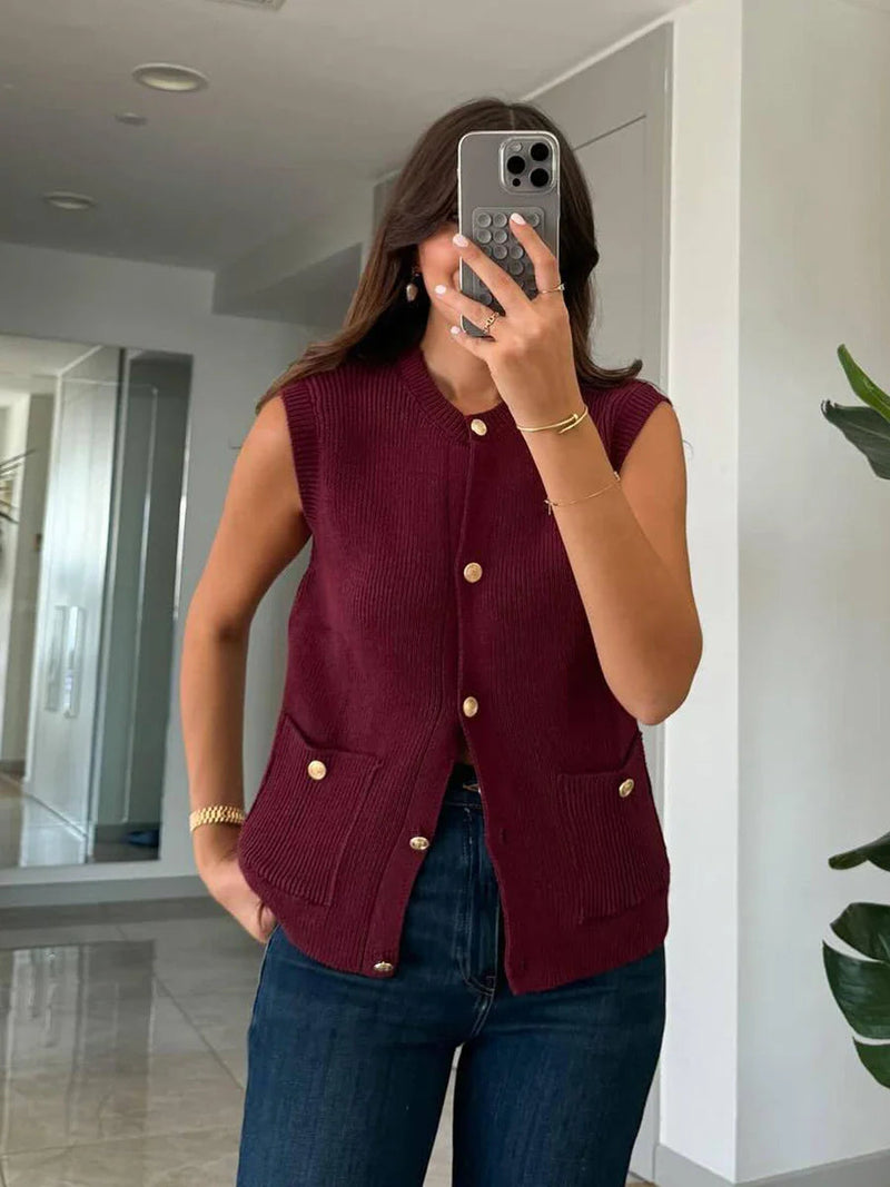 Pocket Cardigan Vest O Neck Single Breasted Sleeveless Knit Waistcoat New Simple Sweater Jacket