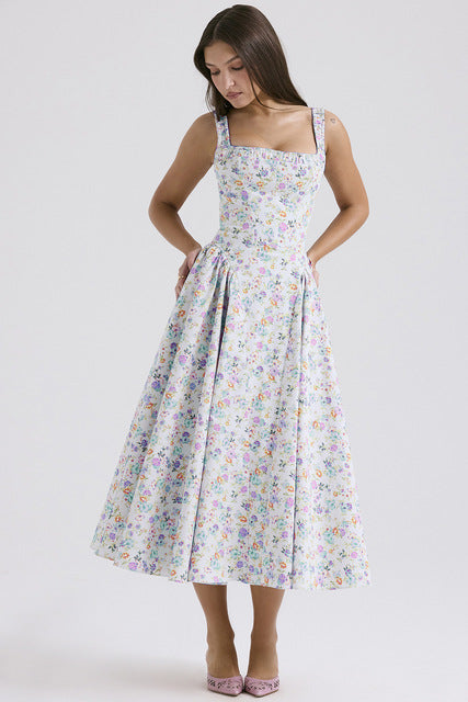 Flower Print Spaghetti Strap Dresses Backless Low Cut Folds Vacation Style Slim Midi Dress Female Vestidos