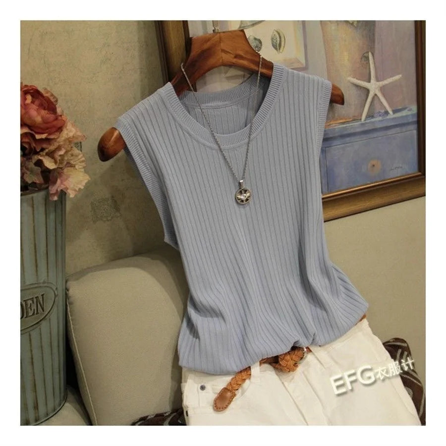 Summer Sleeveless Blouse O-neck Knitted Blouse Shirt Clothes Tops Df4903
