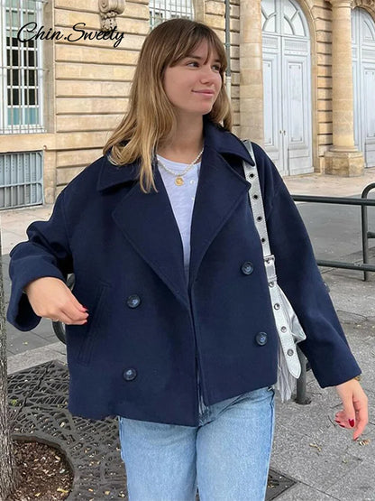 Loose Woolen Blends Coat Lapel Double Breasted Pockets Jackets Autumn Winter Lady Office Outwear New