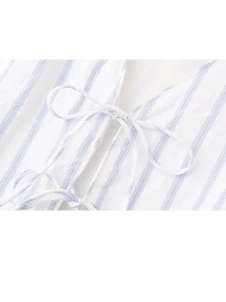 Summer Woman Stripe Vneck Tank Tops Sleeveless Slim Laceup Vests Female Cropped Waistcoat