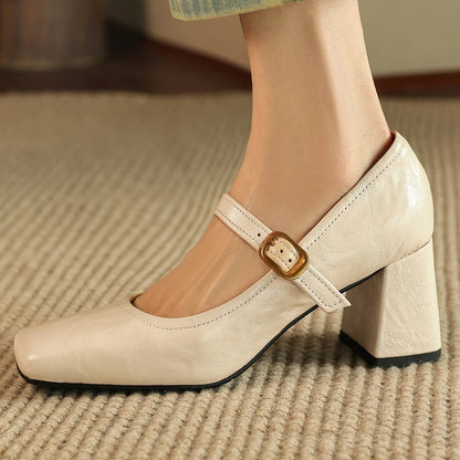 Sheepskin Square Toe Slipon Very Jane Pumps 6.5cm Thick High Heel Evening Dress Heeled Shoes for Woman