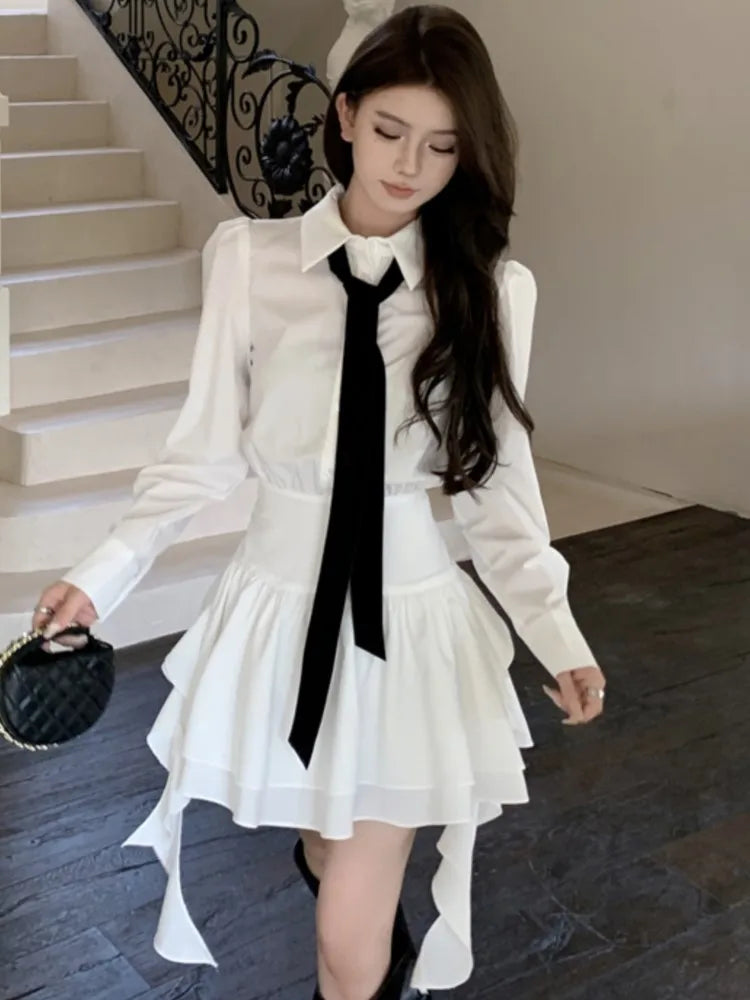 White Shirt Dresses Korean Preppy Style Long Sleeves Ruffle Party Mini Dress Slim Waist Vestidos Female Outfits