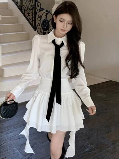 White Shirt Dresses Korean Preppy Style Long Sleeves Ruffle Party Mini Dress Slim Waist Vestidos Female Outfits
