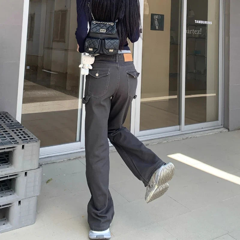 Low Waist Color Allmatch Cargo Pants Autumn New Korean Multibutton Slim Wide Leg Pants